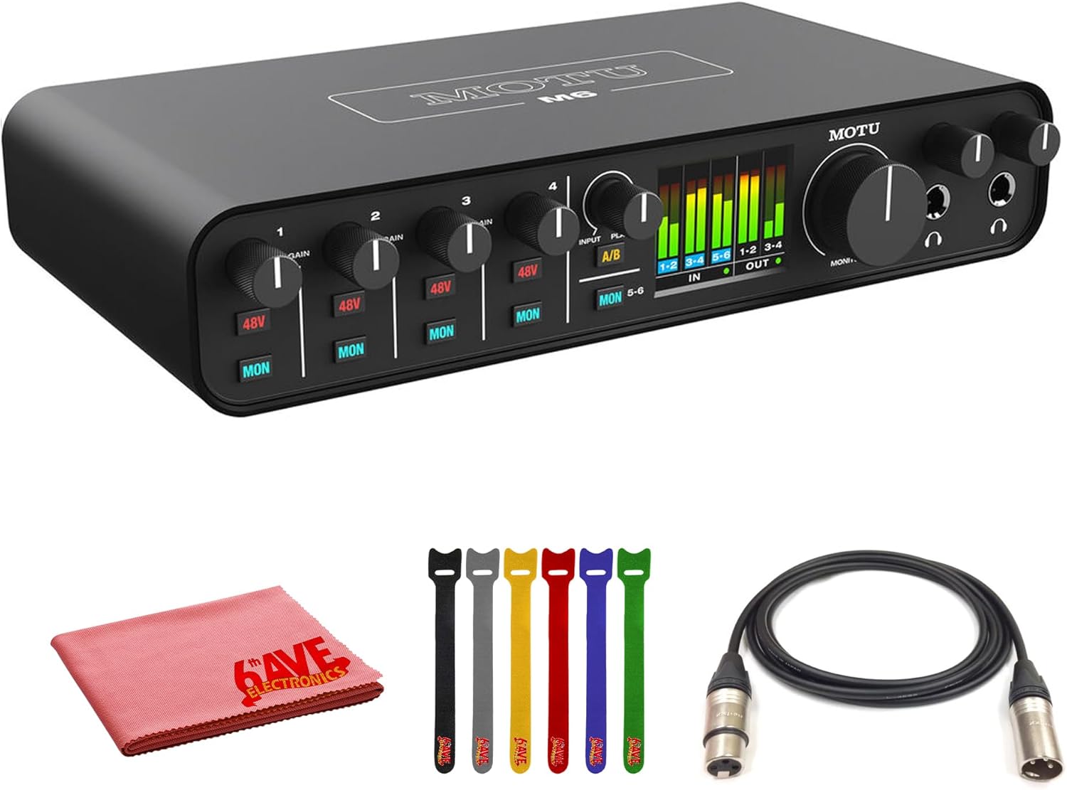 MOTU M6 USB-C Audio/MIDI Interface (3160) Bundle with, 10 Ft XLR Cable, Fiber Cloth, Cable Ties