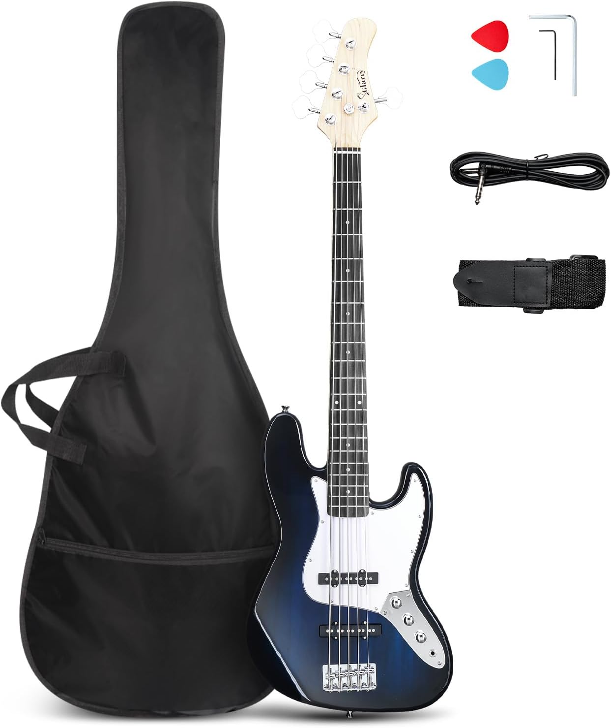 Glarry 5 String Electric Bass Guitar, Full Size Right Handed Rosewood Fretboard Bass Kit with Strap, Cable and Pick (GJazz - Dark Blue)