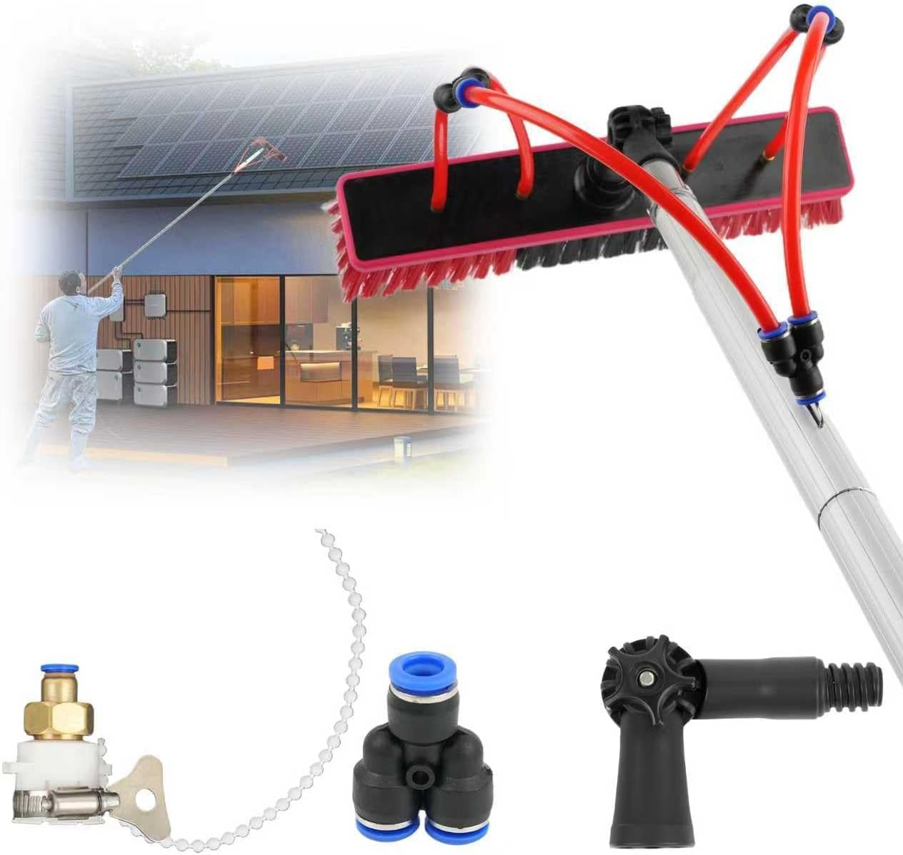 35FT Water Fed Pole Kit, Adjustable Solar Panel Cleaning Kit, Outdoor Glass Brush Window Washing Equipment for Window, Glass, Roof