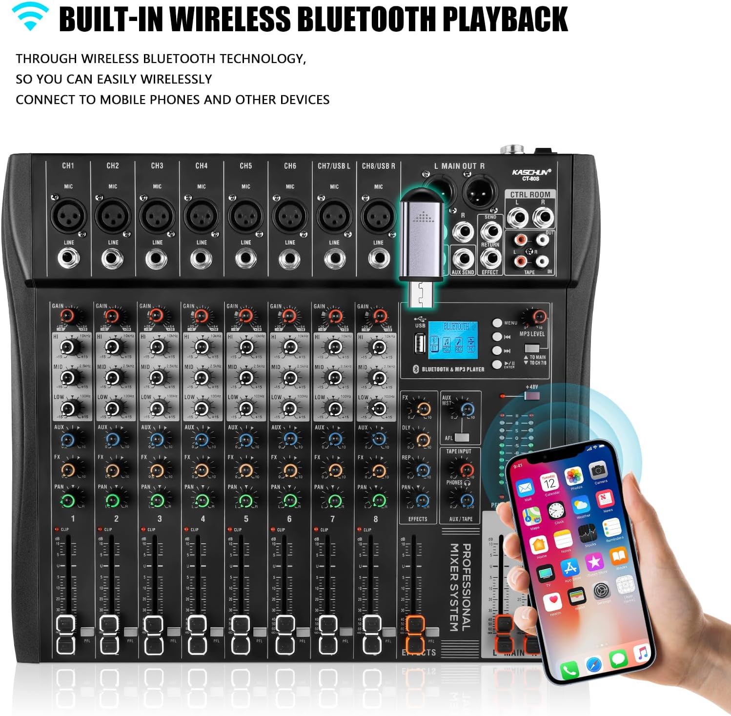 Professional Audio Mixer, 6 Channel Mixer Sound Board Mixer DJ Mixing，Equipped With 48v Phantom Power USB Recording Bluetooth MP3 Player, Studio Audio Mixer Suitable for DJ Studio Streaming Recording