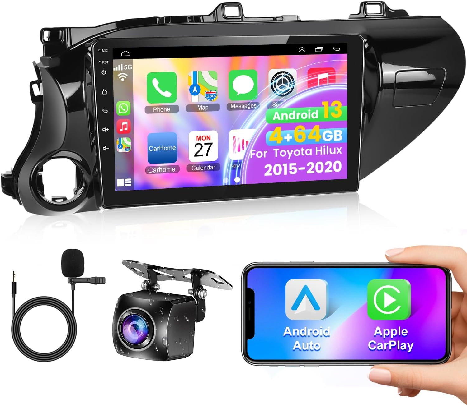 (4GB RAM 64GB ROM) Car Stereo Radio for Toyota Hilux 2015-2020 with CarPlay and Android Auto, 9 Inch Android 13 Touch Screen Bluetooth Radio, GPS Navigation, WiFi, HiFi Sound, FM Radio