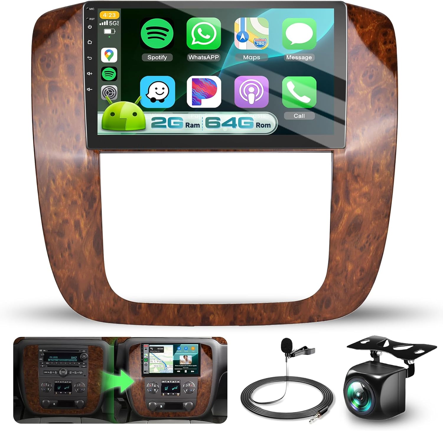 4 Core 2G+64G Car Radio for Chevy Silverado GMC Yukon Tahoe Suburban 2007-2013 Stereo with AM/FM/RDS DSP Carplay/Android Auto, Sellrich 9 inch IPS Touchscreen Radio Bluetooth GPS SWC Backup Camera