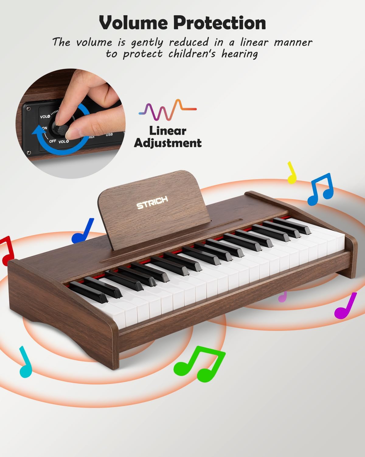 STRICH 37 Keys Kids Piano Keyboard, Mini Digital Piano for Kids, Volume Adjustable, Music Book, Wood Piano for 3+ Girls and Boys, Walnut Color, SEK-37