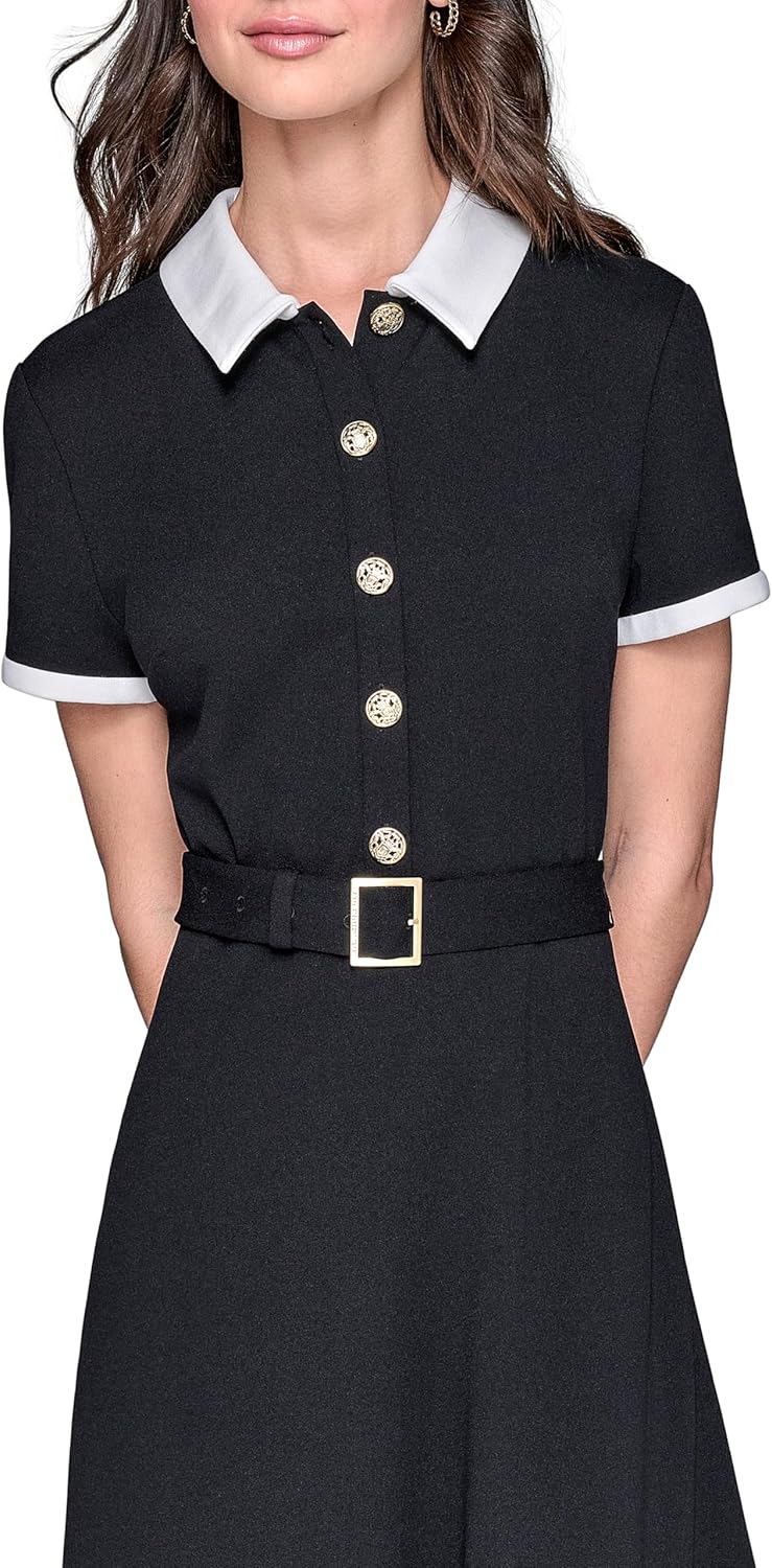 Karl Lagerfeld Womens Contrast Collar and Sleeve Trim Midi Dress