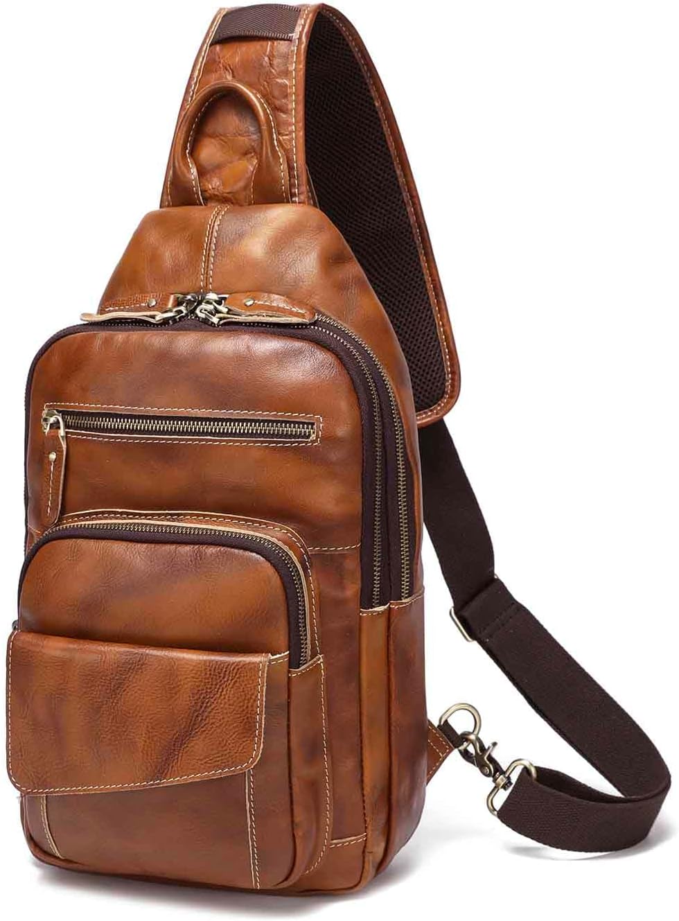 LANNSYNE Full Grain Leather Casual Sling Bag For Men Hiking/Travel/Business Crossbody Chest Bag Fits 12.9