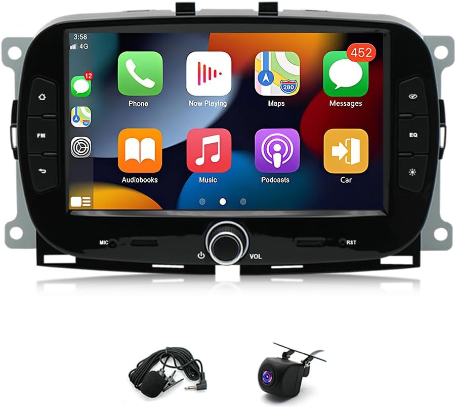 Car Stereo 2-Din Digital Media Receiver for Fiat 500 2016-2019, Car Audio Receivers with CarPlay Android Auto 7 Inch Bluetooth, FM Radio with AHD Backup Camera GPS Navigation 2+64G Radio 508