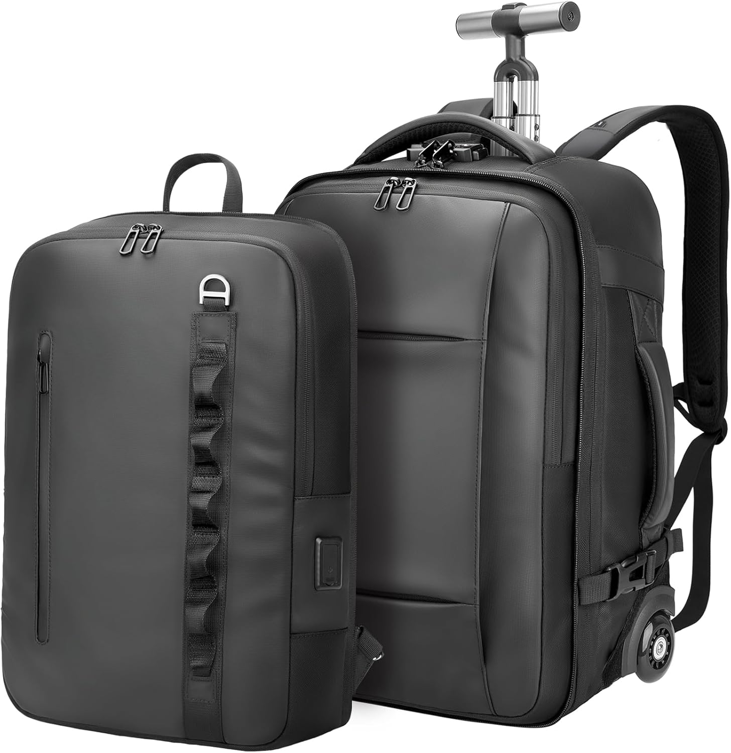 Travel Rolling Backpack,3 in 1 Carry on Backpack Flight Approved,Waterproof Personal Item Bag with Detachable Backpack,Extra Luggage Backpack 50L for Work Teacher College,Black