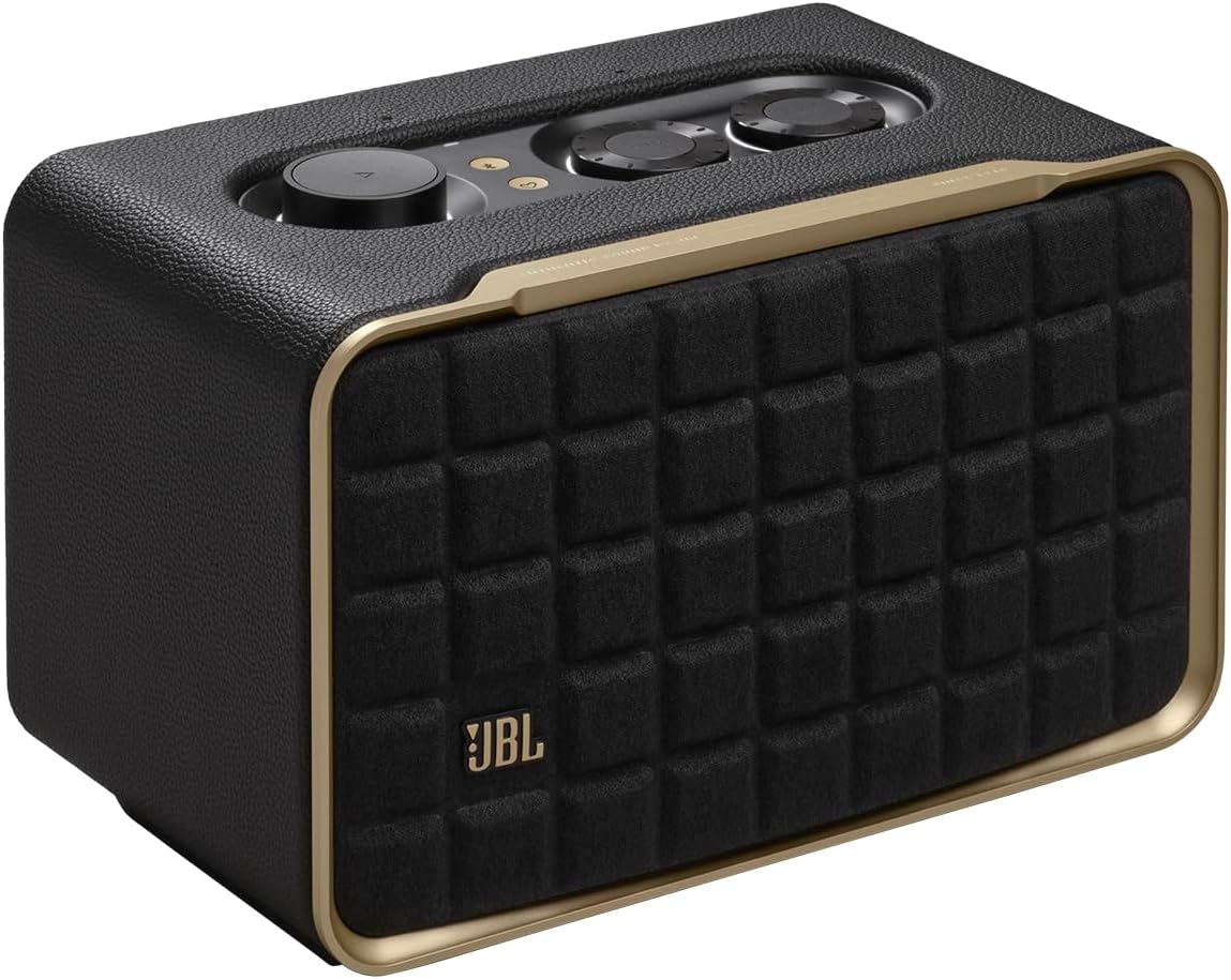 JBL Authentics 200 - Retro Style Smart Home Speaker with Built in Wi-Fi, Bluetooth and Voice Assistants, Alexa and Google Assistant, Multi-Room Playback, Automatic self tuning (Black/Gold)