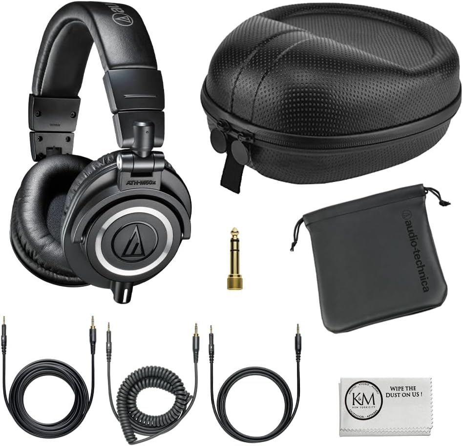 Audio-Technica ATH-M50x Professional Studio Monitor Headphones | Black Bundle with Full Sized Hard Body Headphone Case and Microfiber Cleaning Cloth (3 Items)