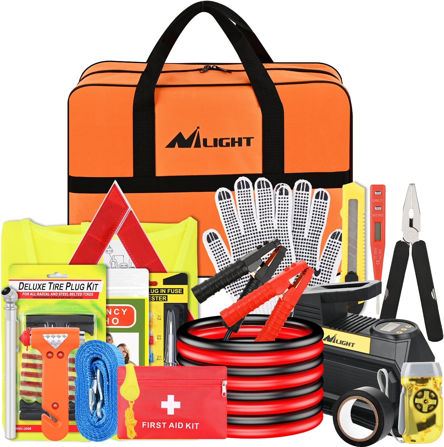 Nilight Car Emergency Kit with Jumper Cable Air Compressor Tire Repair Essential Tools First Aid Alligator Connector Electrical Kit for Travel Camping Outdoor Cars Truck SUV RV
