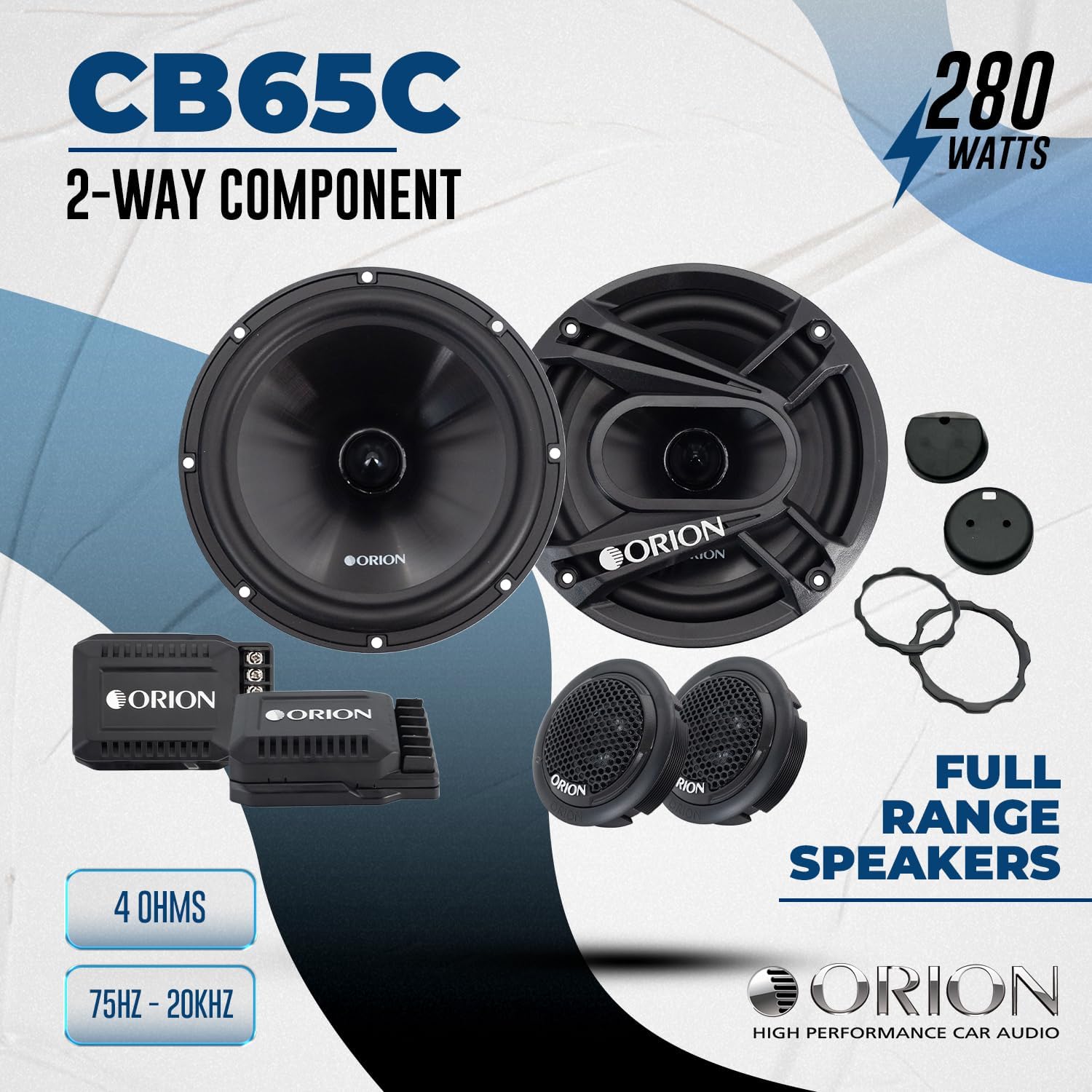 ORION Cobalt Series CB65C 2-Way Car Audio Component System - 6.5” Speakers, Full Range, Enhanced Bass, 280W, 4 Ohms, Easy Installation, 1” Silk Dome Tweeter, External Passive Crossover (Pair)