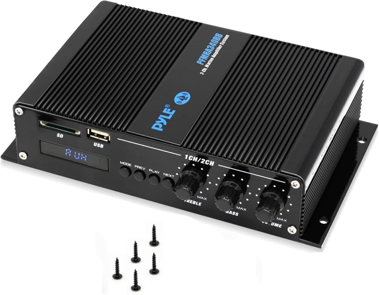 Pyle 2-Channel Bluetooth Audio Marine Amplifier-200 Watt Power Compact Weather Resistant Audio Amp Wireless Receiver System w/MP3,USB,SD Reader,LCD Digital Screen-Pyle(PFMRA340BB.5)