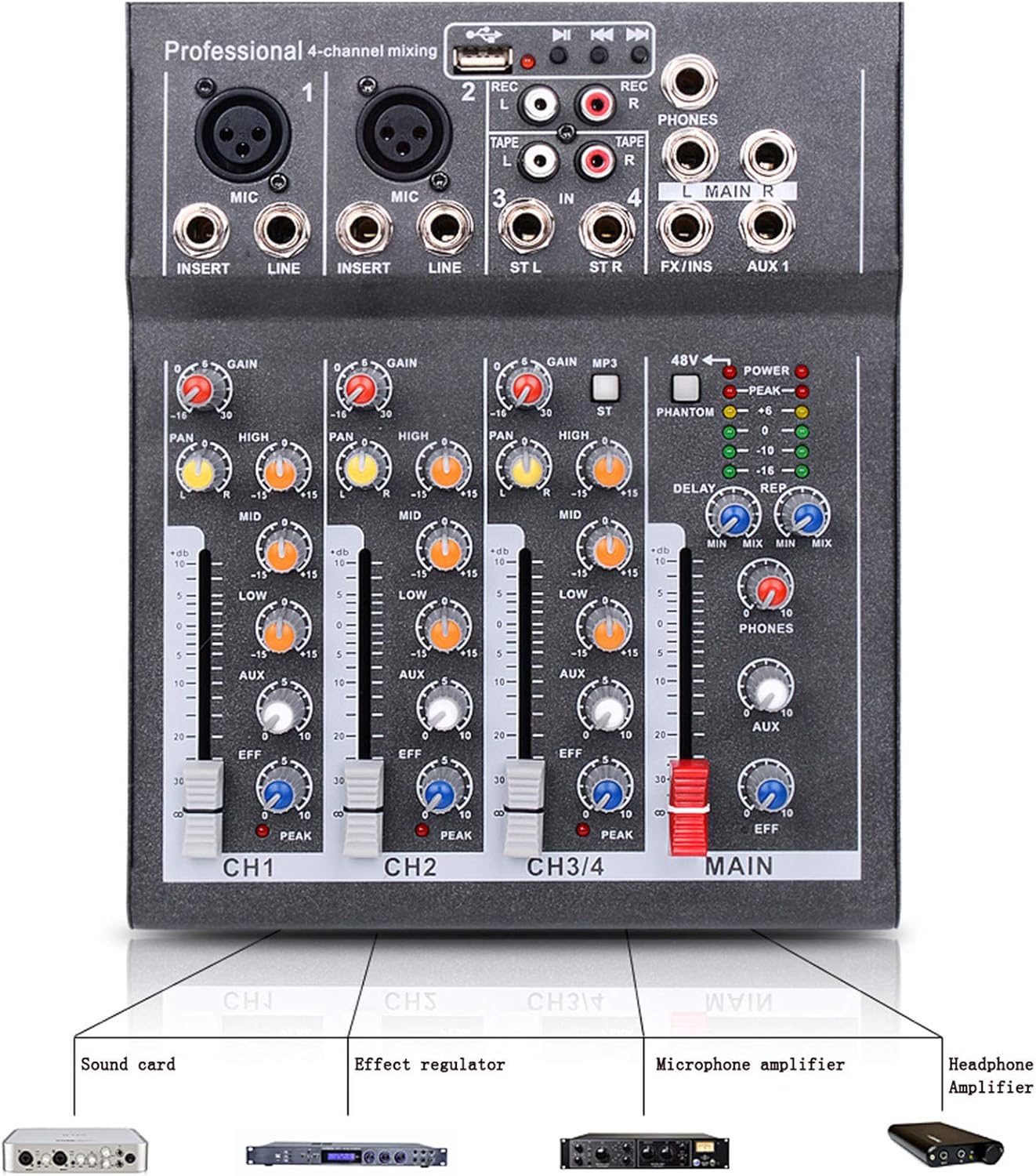 Studio Mixing Desks, Karaoke Mixer Professional 4 Channel Studio Audio DJ Mixing Console Amplifier Digital Mini Microphone Sound Mixer Sound Card