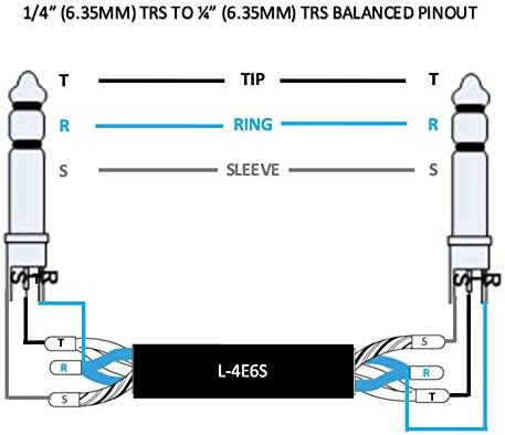 Custom Cable Connection 40 Foot 1/4 Inch (6.35mm) TRS to 1/4 Inch (6.35mm) TRS Right Angle - Canare Star Quad Balanced Microphone Cable