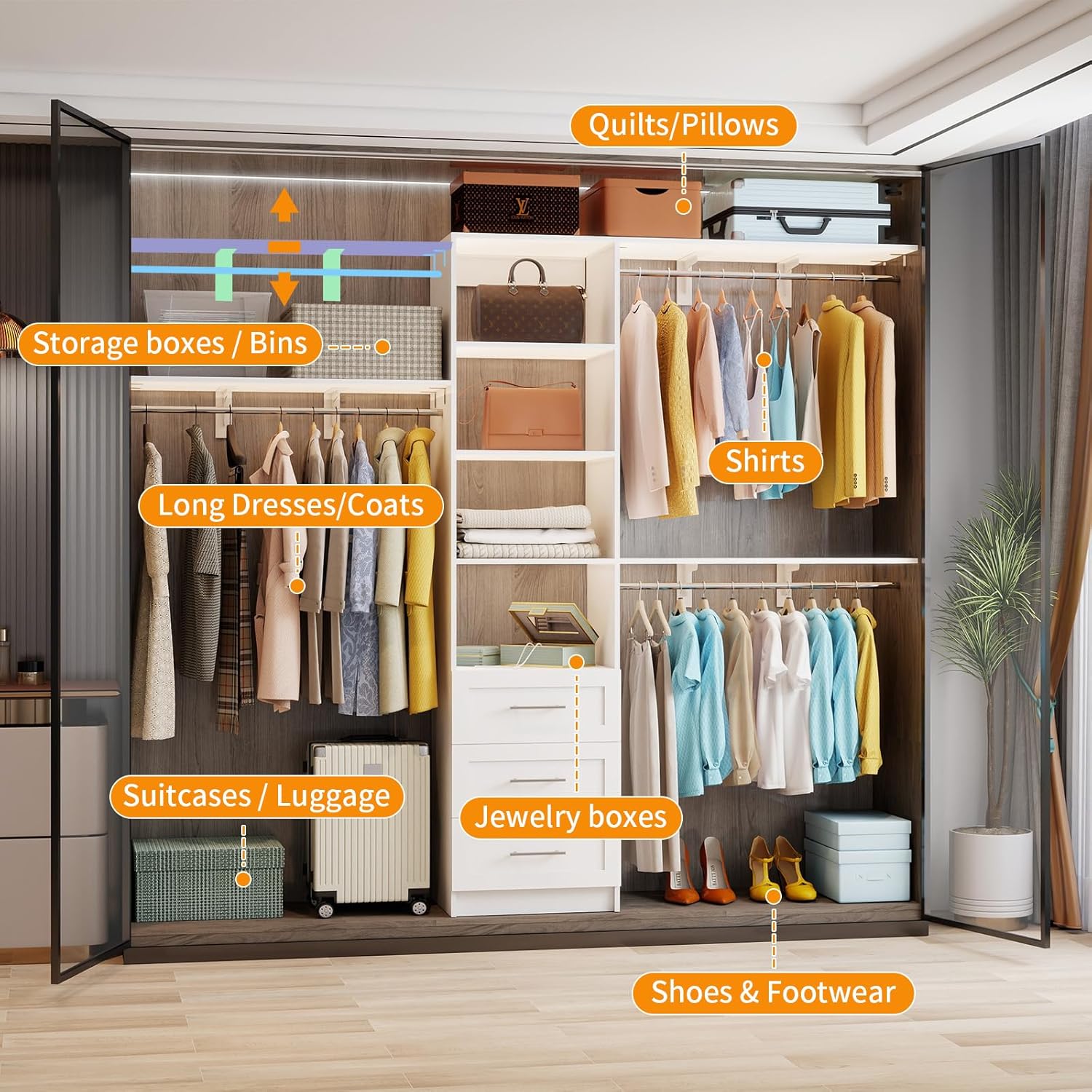 Closet System with Drawers, 5FT-8FT Closet Organizer System 96