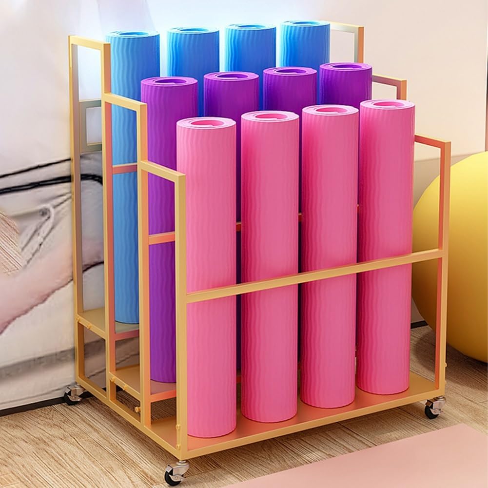 Yoga Mat Storage Rack, Home Gym Studio Organizer Large Yoga Mat Storage Cart for Foam Roller, Movable Sports Equipment Storage Rack with Wheels(Gold,4 Tier-39.4x33.5x41.3in)