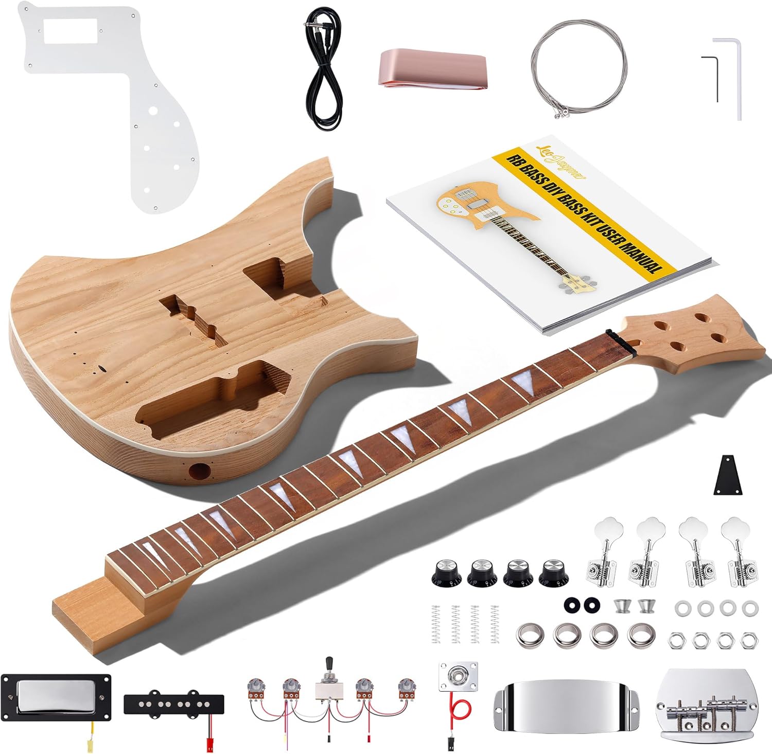 Leo Jaymz DIY Electric Bass Guitar Kits - Roasted Ash Wood Body, Maple Neck and Laurel Wood Fingerboard - Fully Components Included