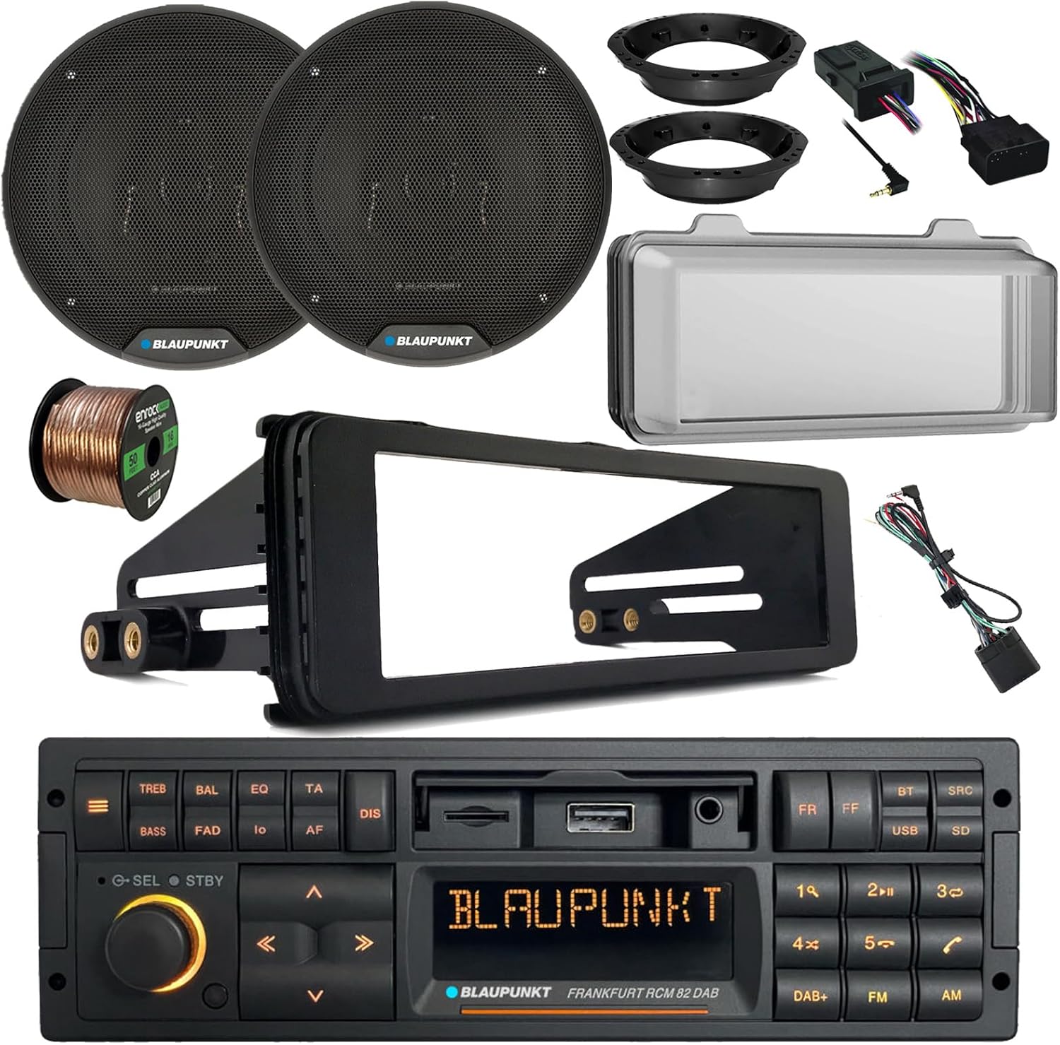 Blaupunkt Frankfurt Single DIN 90's Retro Classic Bluetooth Stereo Receiver, 2X 6 40W 3-Way Car Speakers w/Adapters, Wire, Cover, Handlebar Control, Radio Install Kit for 98-2013 Harley Davidson