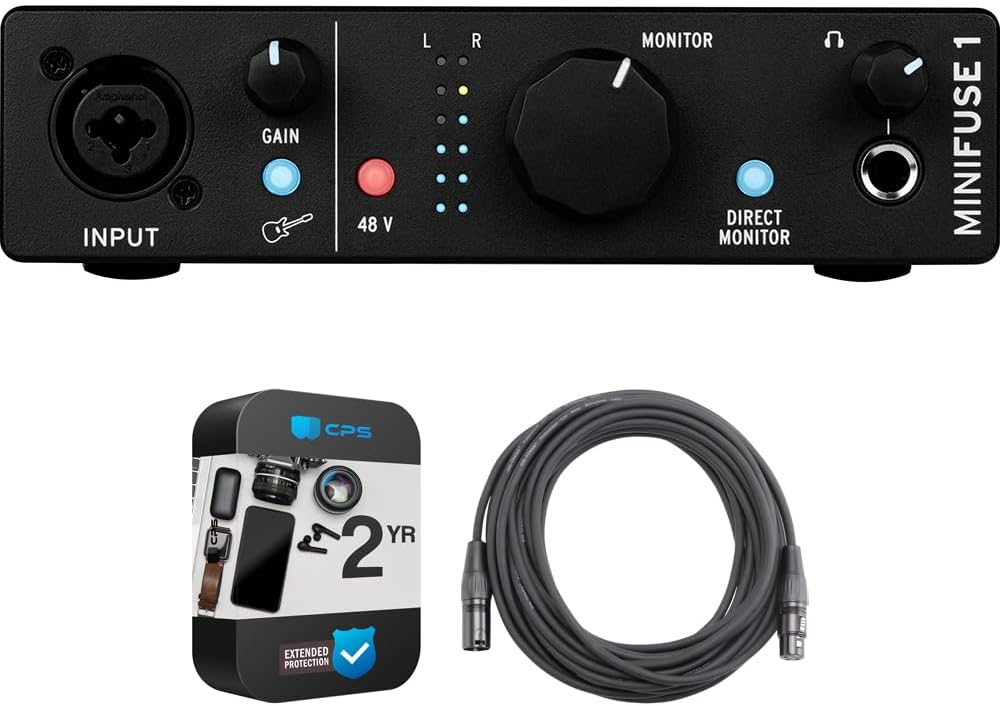 Arturia 800101 MiniFuse 1 Portable Single Input USB-C Audio Interface, Black Bundle with 2 YR CPS Enhanced Protection Pack and OnStage 25ft XLR Cable