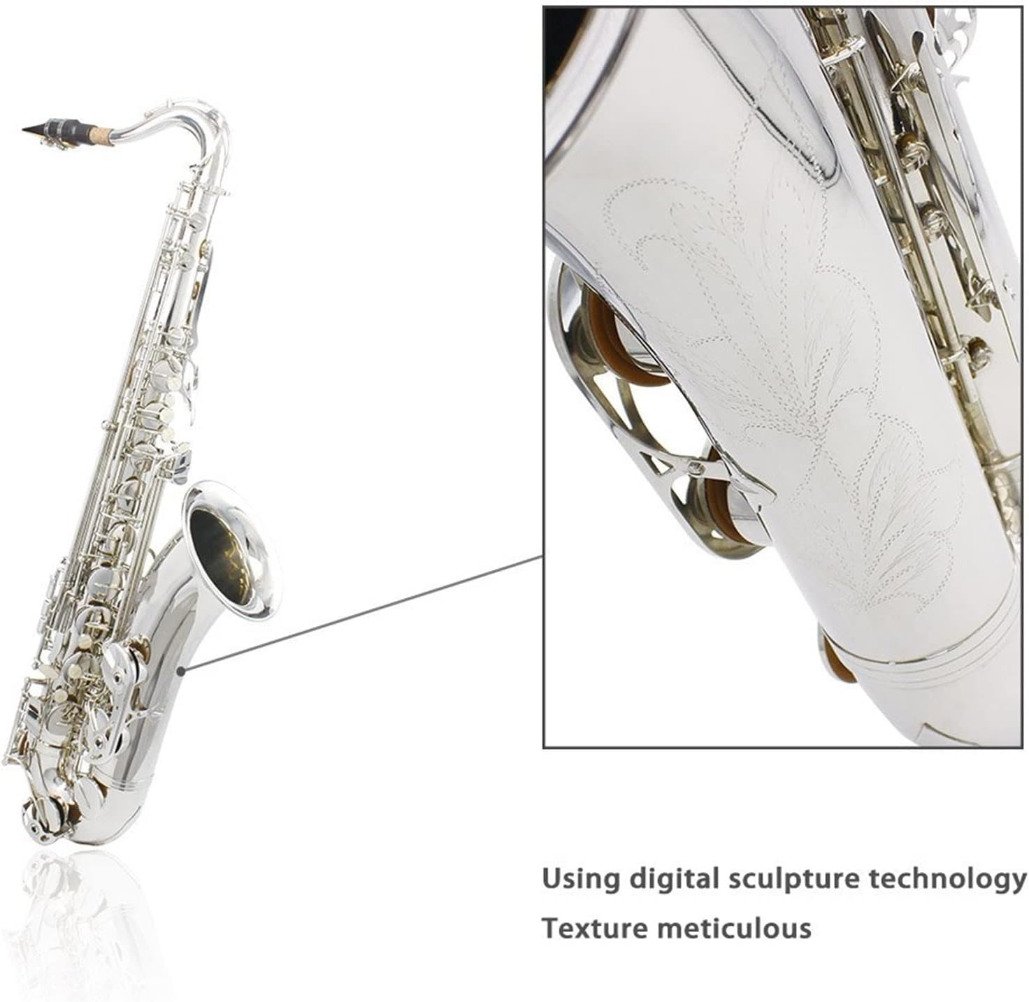 KESHUO Professional Bb Tenor Saxophone Sax Brass Body Electrophoresis Gold Woodwind Instrument with Sax Full Set of Accessories Brass Sax Beginners Kit (Color : Silver)