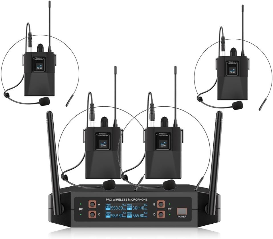 ST-102 4-Channel Wireless Microphone System, UHF Wireless Microphone kit with 4 Bodypacks and 4 Headsets Mics, auto-scan, 200-foot Coverage, for Singing, Karaoke, DJs, Churches