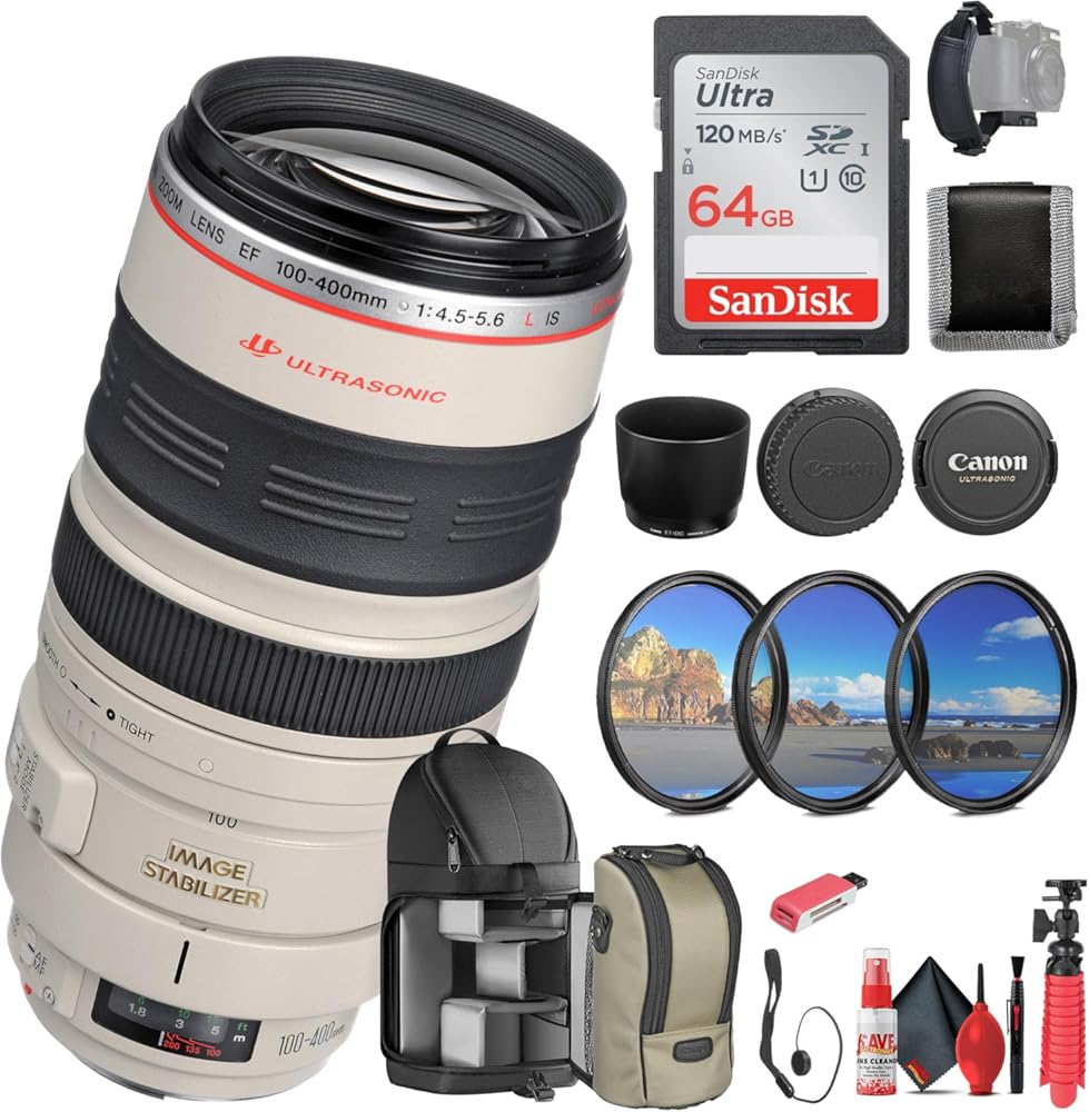 Canon EF 100-400mm f/4.5-5.6L is USM Lens (2577A002) + 64GB Memory Card + Filter Kit + Backpack + Card Reader + Flex Tripod + Memory Wallet + Cap Keeper + Cleaning Kit + Hand Strap (Renewed)