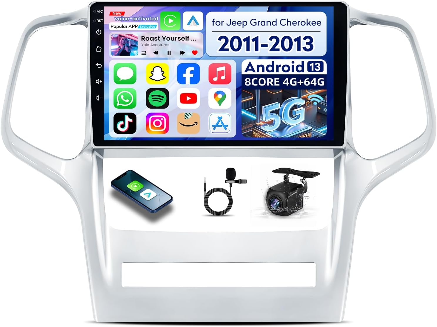 8Core+64G Car Radio for Jeep Grand Cherokee 2011 2012 2013 9-inch IPS Touch Screen Stereo, Wireless Carplay, Android Auto, 5WiFi, GPS, SWC, Mirror Link, Bluetooth with Backup Camera, AM/FM/RDS Radio