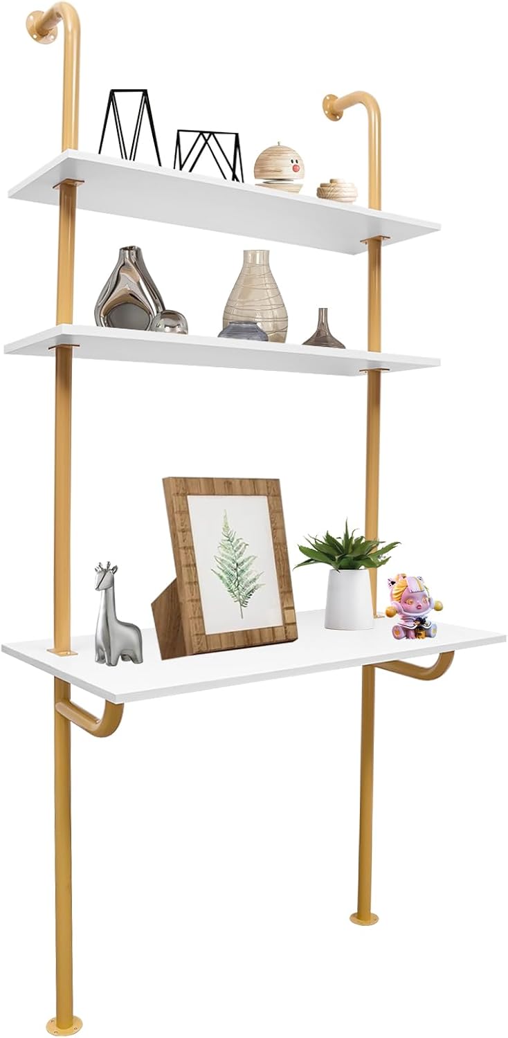 3 Tiers Wall Mounted Ladder Style Computer Laptop Desk, Industrial Wall Mount Desk with Shelves & Power Strip as Work Platform, Desk 36 x 20 Inch (Gold + White)
