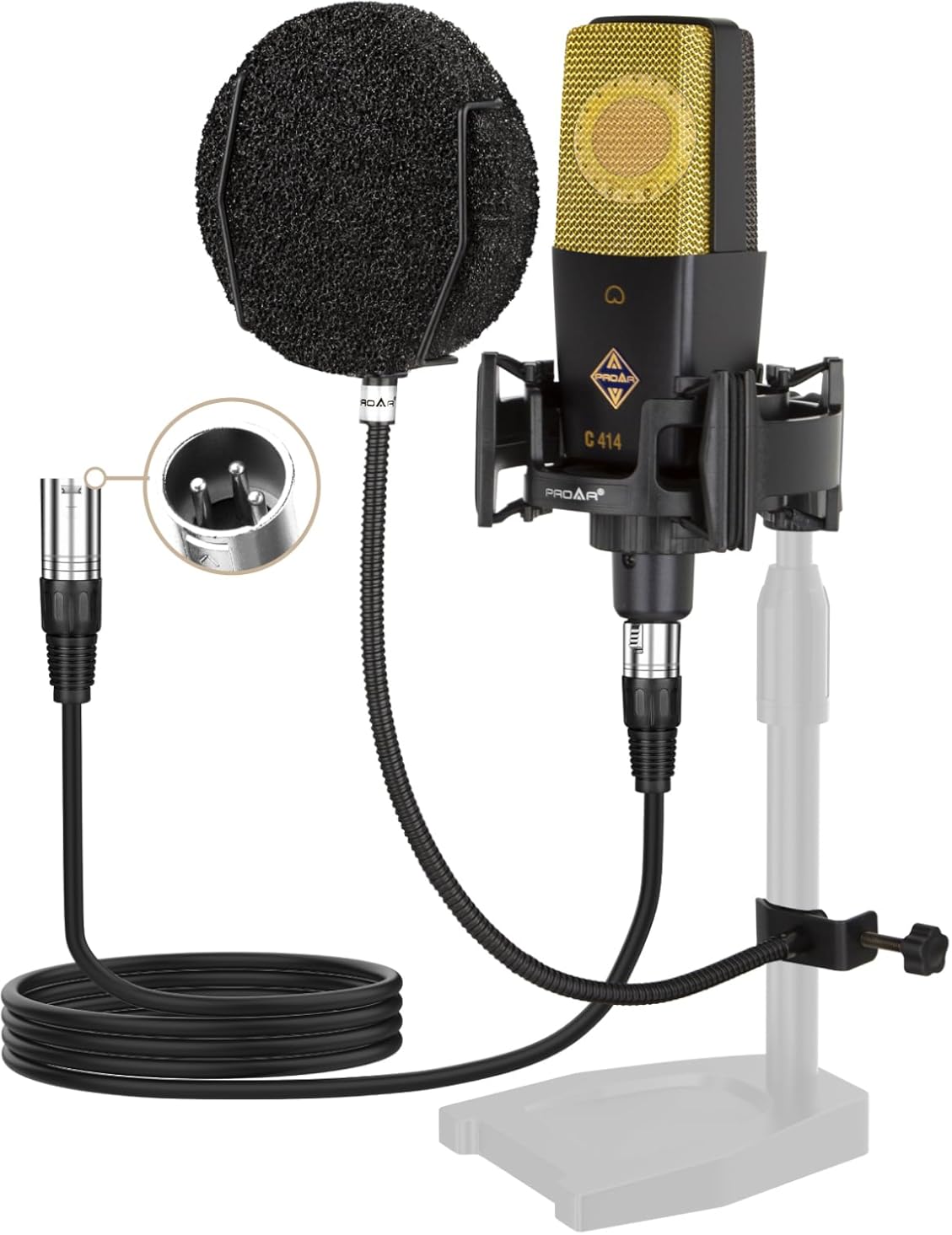 XLR Podcast Microphone Professional Cardioid Studio Condenser Microphone 25mm Large Diaphragm Computer PC Gaming Mic Kit with Upgrade Pop Filter for Vocal Recording,Streaming,YouTube C414