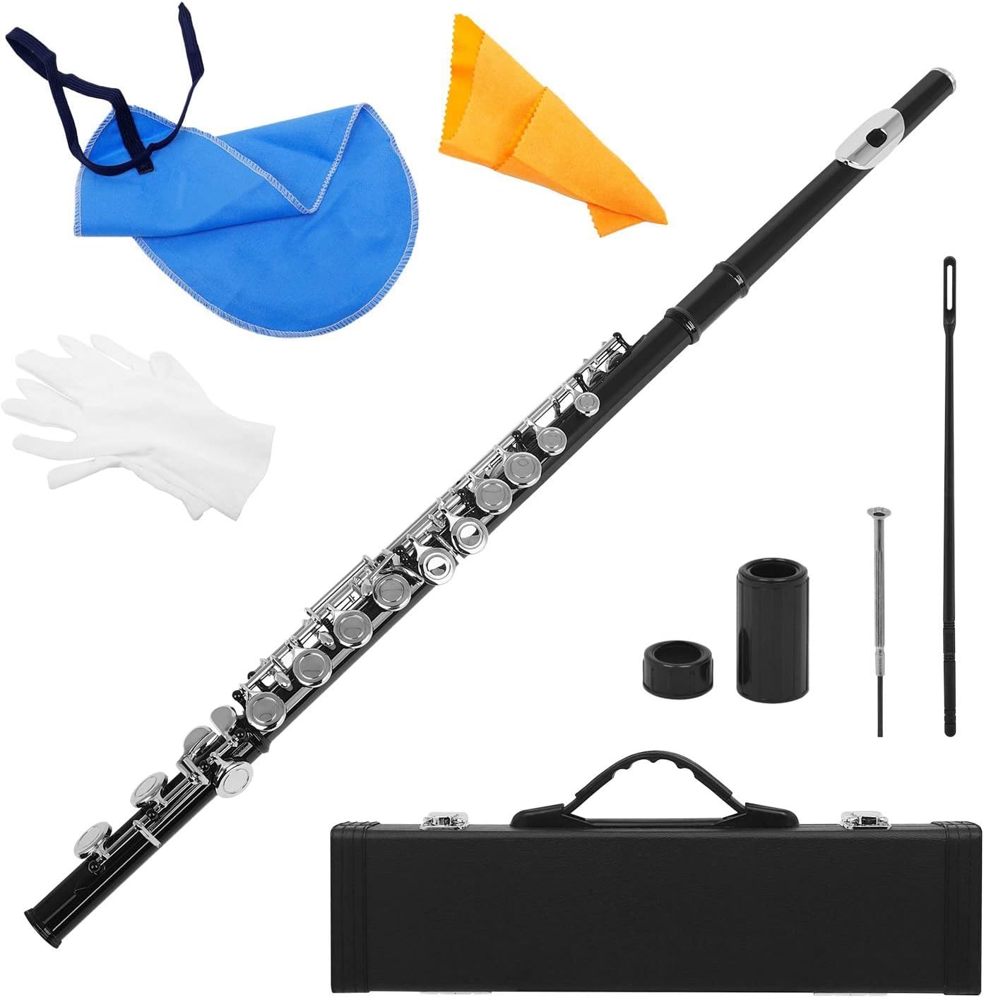 Flute Kit 16 Holes C Key Flute Western Concert Flute Cupronickel Nicke Plated Woodwind Instrument& Cleaning Cloth Stick Gloves Mini Case Intermediate Flute (Color : Black)