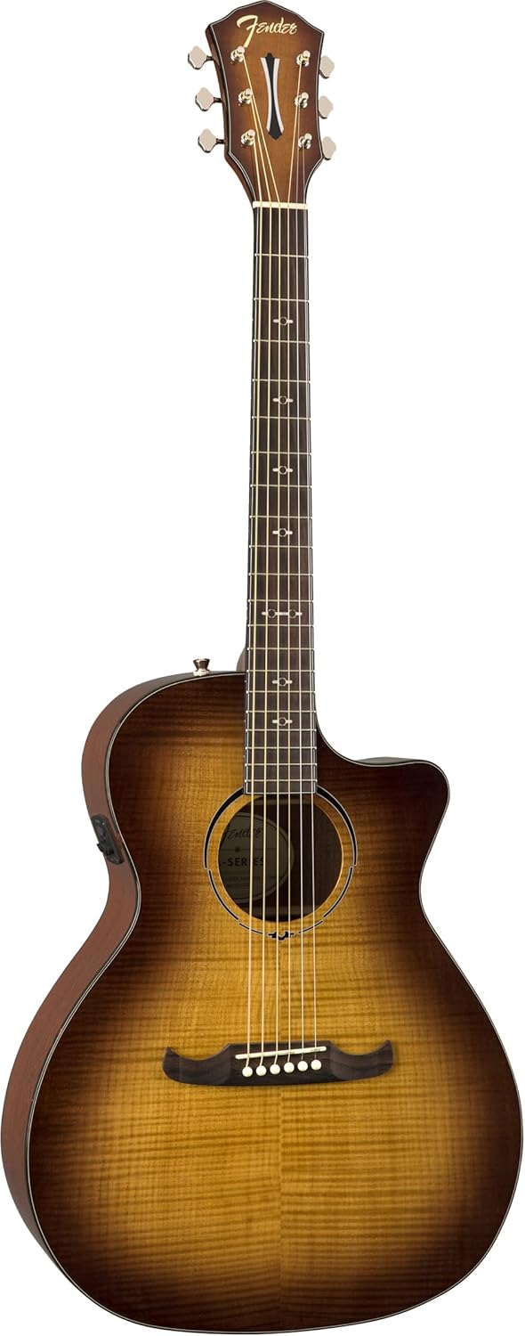 Fender FA-345CE Flame Maple Top Auditorium Acoustic-Electric Guitar - 3-Color Tea Burst Bundle with Tuner, Strings, Strap, Picks, and Austin Bazaar Instructional DVD