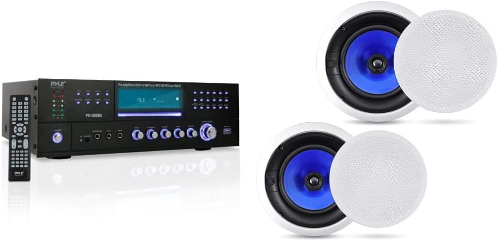 Pyle 4-Channel Wireless Bluetooth Power Amplifier Home Audio Receiver Bundle with Pyle Home 2-Way in-Wall in-Ceiling Speaker System
