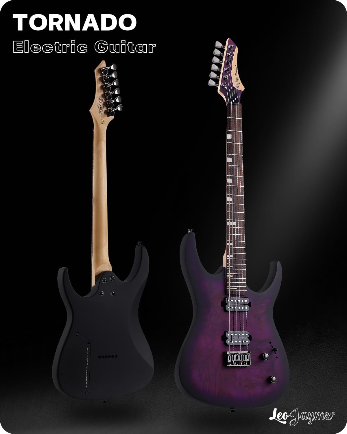 Leo Jaymz Tornado 6-String Electric Guitar, Okoume Body, Maple Neck, Laurel Fingerboard, Dual Alnico V Pickups, Locking Tuners, 3-Way Switch, 24 Frets (Purple Burl)