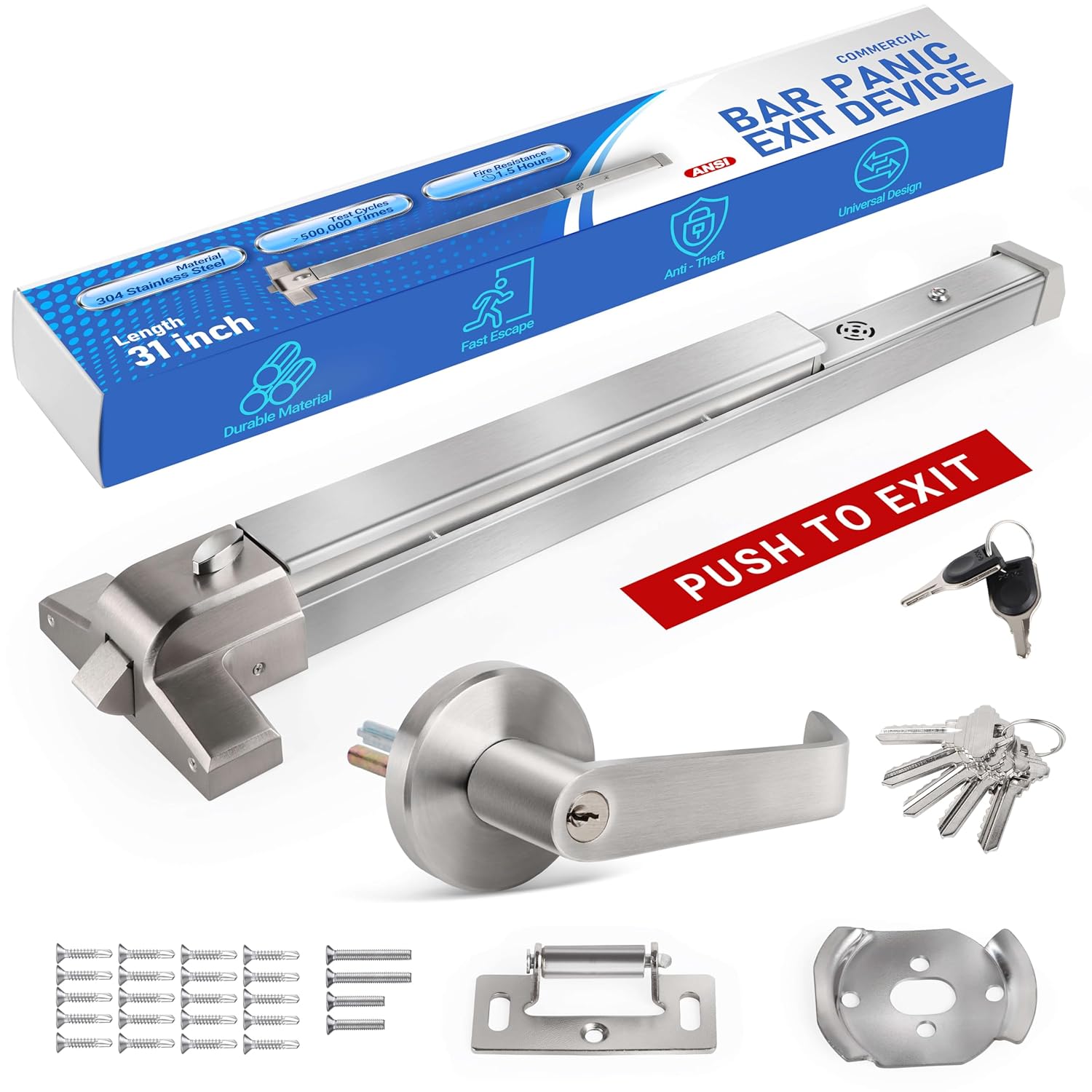 Commercial Door Push Panic Bar, 31’’ Exit Alarm Device Panic Bars with Exterior Lever Handle, Stainless Steel Panic Bars with 3 Keys for Emergency Exit, Suitable for Metal, Wood Doors