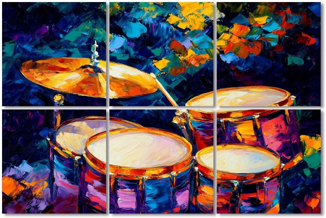 6 Pack Art Acoustic Panels Sound Absorbing Music Drum Set Abstract Cymbals Background Colorful Musical Instrument Decorative Soundproof Wall Panels Self Adhesive for Recording Studios Office 72