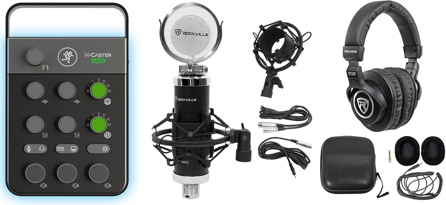 Audiosavings Bundle: Mackie M Caster Live Streaming Portable Smartphone/USB FX Mixer Bundle with Rockville RCM03 Pro Studio Condenser Microphone + Rockville PRO-M50 Studio Headphones (3 Items)