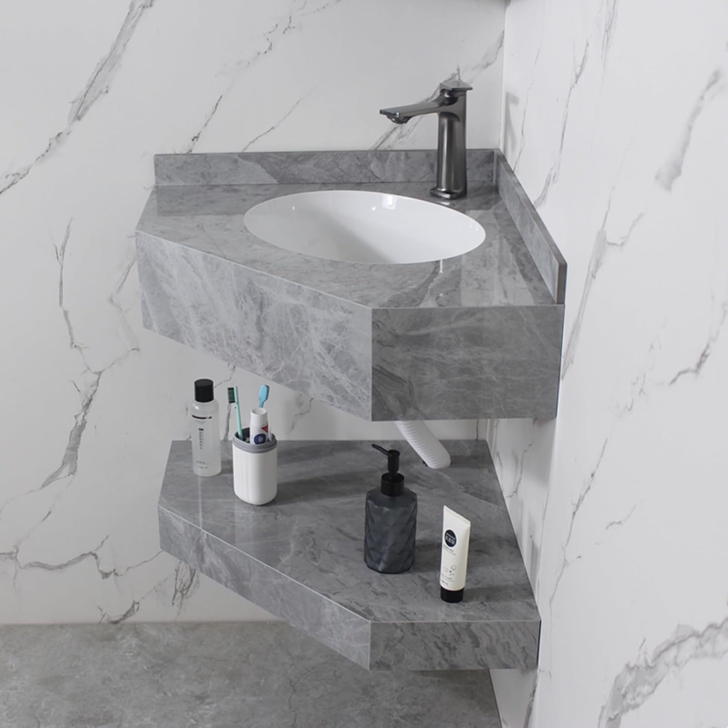 Corner Bathroom Vanity Cabinet with Sink Clearance Wall Mount Washing Hand Basin Design Bathroom Sink with Cabinet Combo for Small Space Rock Slab Surface, Easy to Clean(Size:55cm/21.6in)