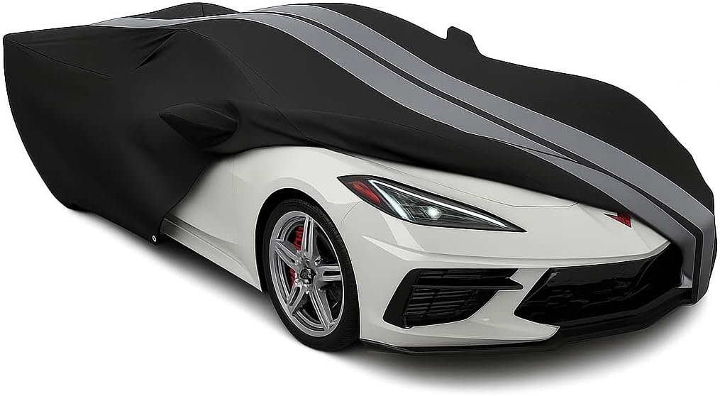 C8 Corvette Car Cover - Custom Fit Outdoor/Indoor Ultraguard Plus Water Resistant 300 Denier UV & Rain Protection for 2020-2026 Stingray, Z51, Z06, E-Ray Corvettes (Black with Gray Stripes)