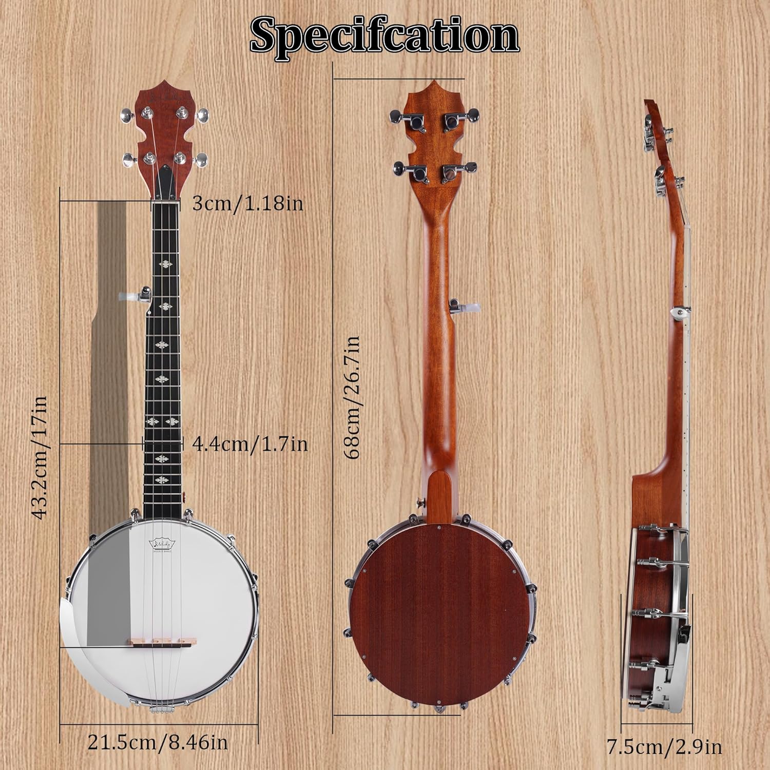 Mulucky 5 String Banjo Mini - 26 Inch Travel Banjo Sapele Body Closed Solid Back Beginner Kit With Gig Bag Picks Strings Strap - B807