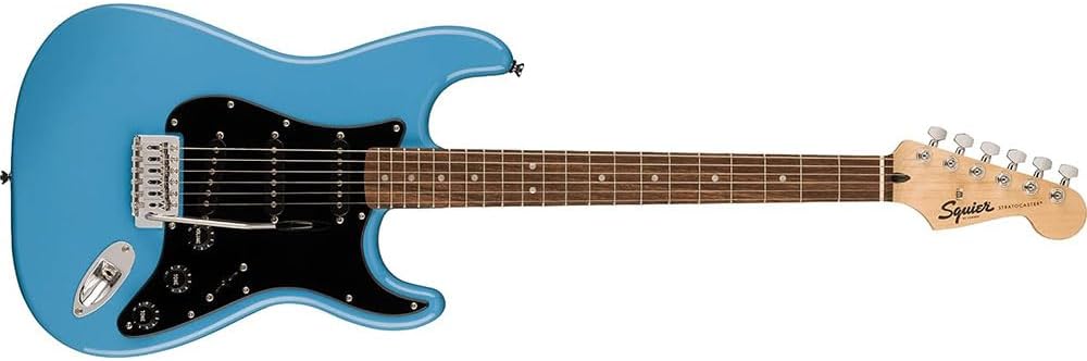Squier Sonic Stratocaster Electric Guitar California Blue, Laurel Fingerboard, Black Pickguard Bundle with Fender Logo Guitar Strap Black, Fender 12-Pack Celluloid Picks, and Cable