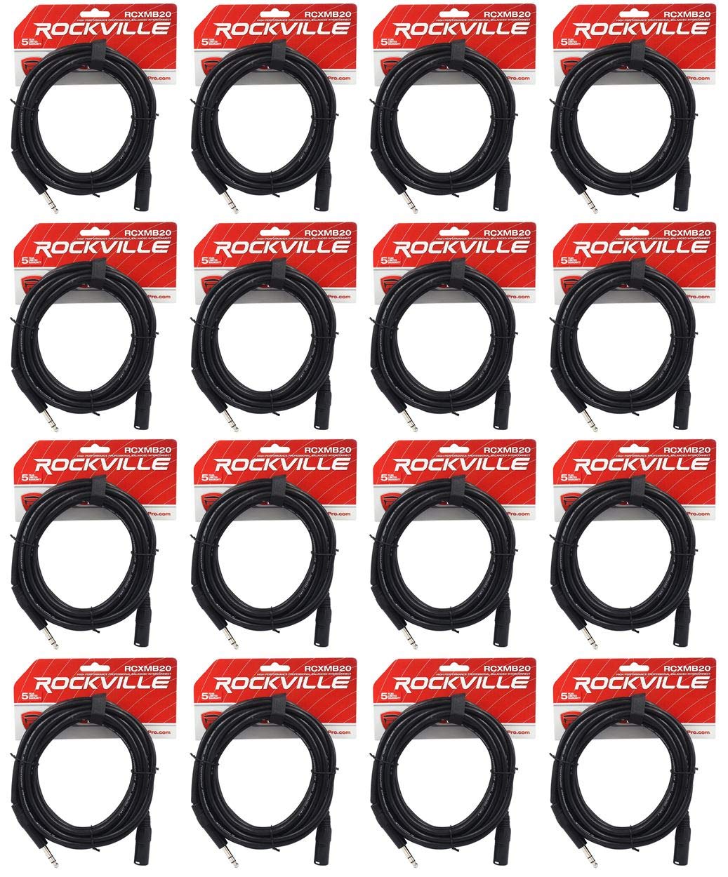 Rockville RCXMB20B 20ft Male REAN XLR to 1/4 TRS Cable, 100% Copper, Balanced Audio, Durable Build, Low Noise, for Studio Recording and Live Sound, 16-Piece