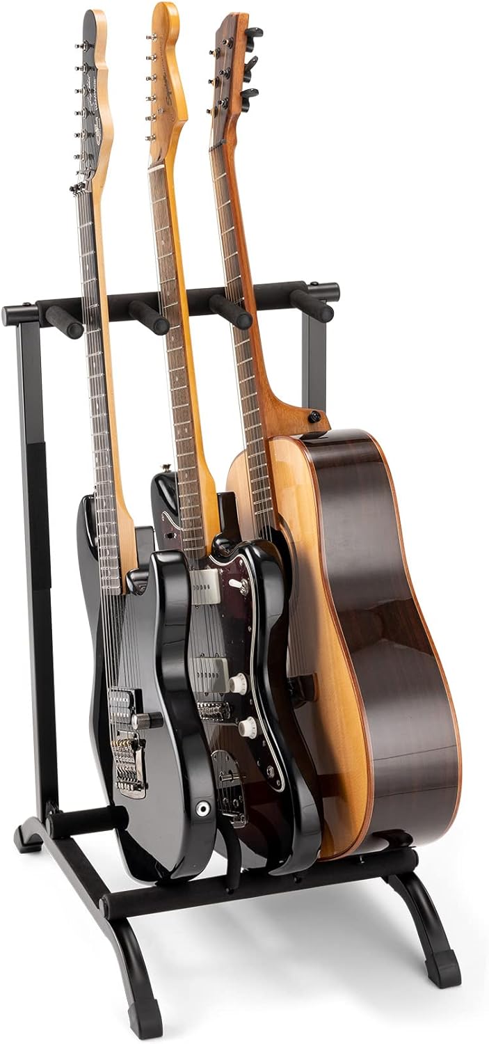 On-Stage GS7361 Three-Space Foldable Multi-Guitar Rack (Storage and Display for 3 Acoustic, Electric, and Bass Guitars, Multiple-Instrument Stand, Padded, Folding, Portable, Rubber Feet, Black)