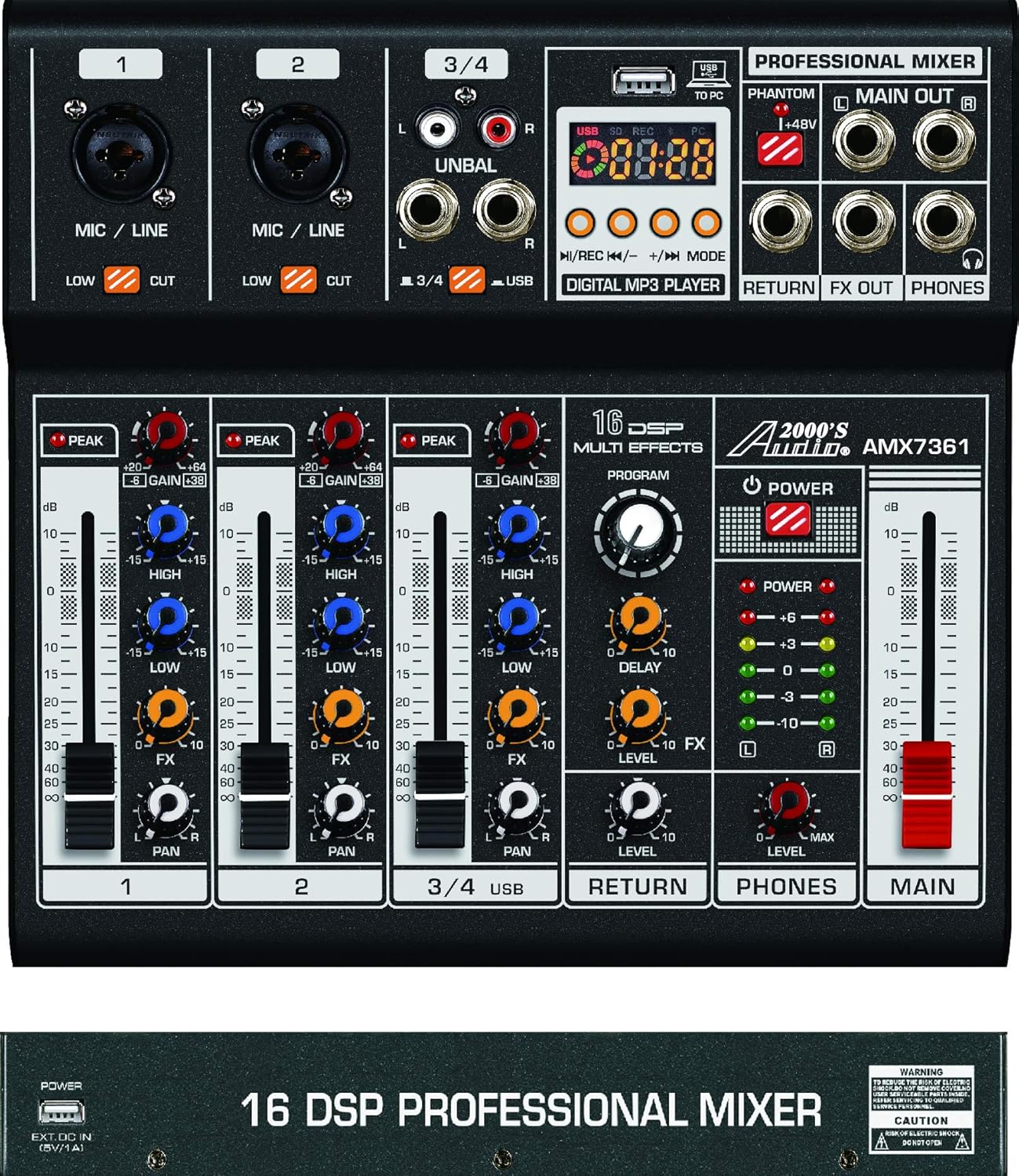 Audio2000'S AMX7361 Four-Channel Audio Mixer with USB 5V Power Supply, USB Interface, and Sound Effect