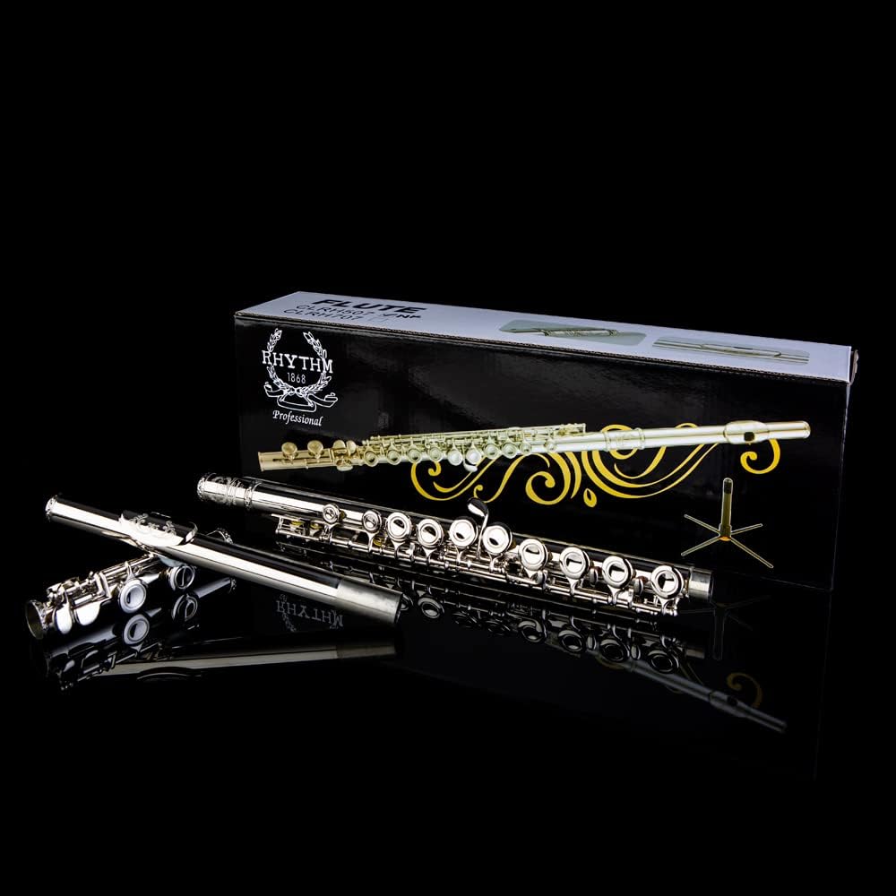 Rhythm C Flutes with Engraved Flower Closed Hole 16 Keys Flute For Student, Beginner with Stand, Carrying Case,Gloves,Joint Grease, Tuning Rod, Nickel