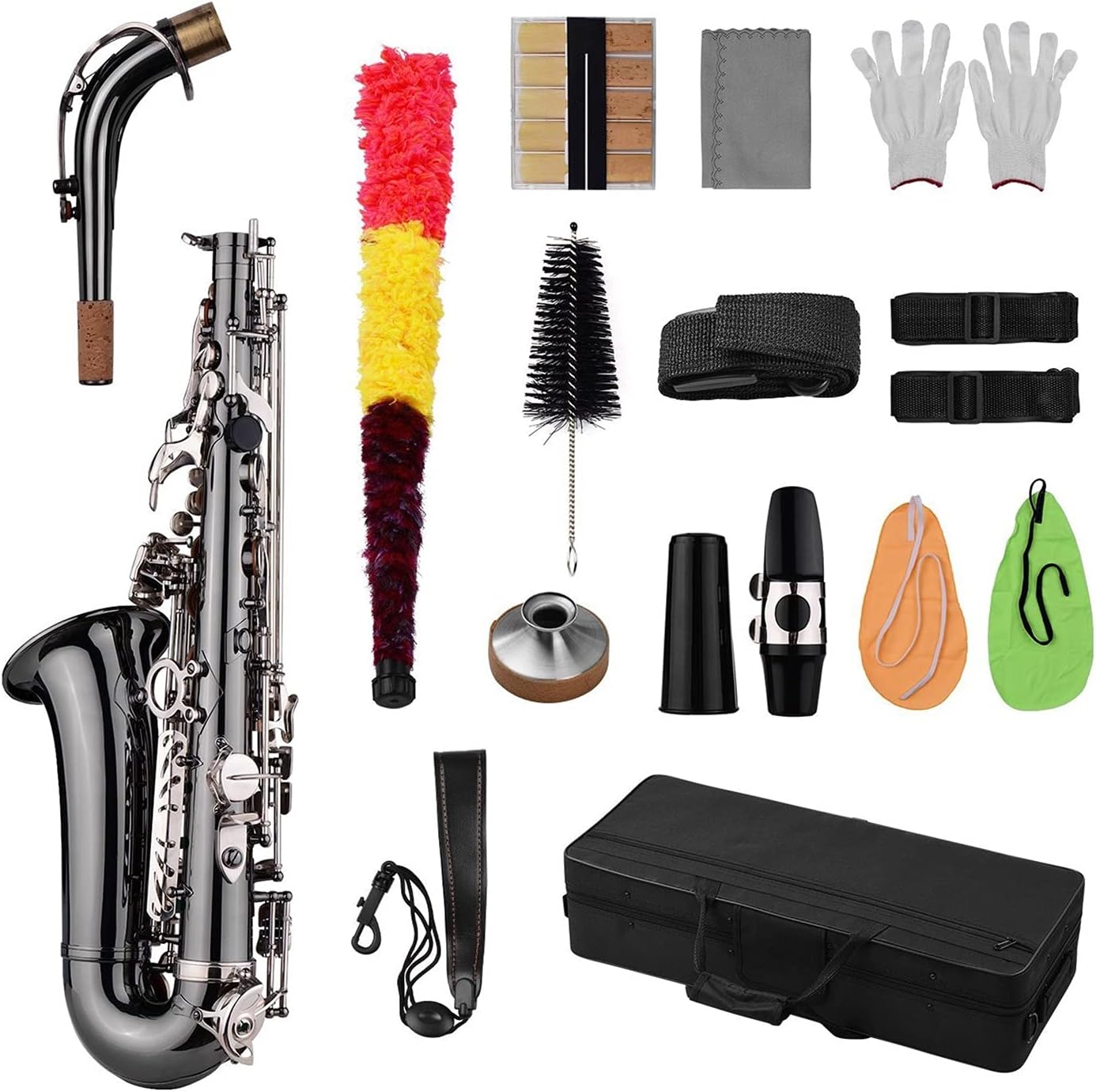 Professional Brass Bend EB E-Flat Alto Saxophone Sax Black Nickel Plating Abalone Shell Keys with Case Gloves Cloth Straps Student Saxophone
