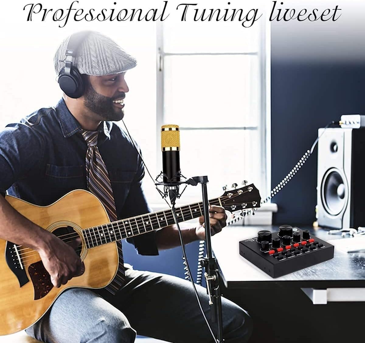 Microphone, Condenser Microphone Speaker Set with Sound Card for Karaoke,Singing,Party, Black