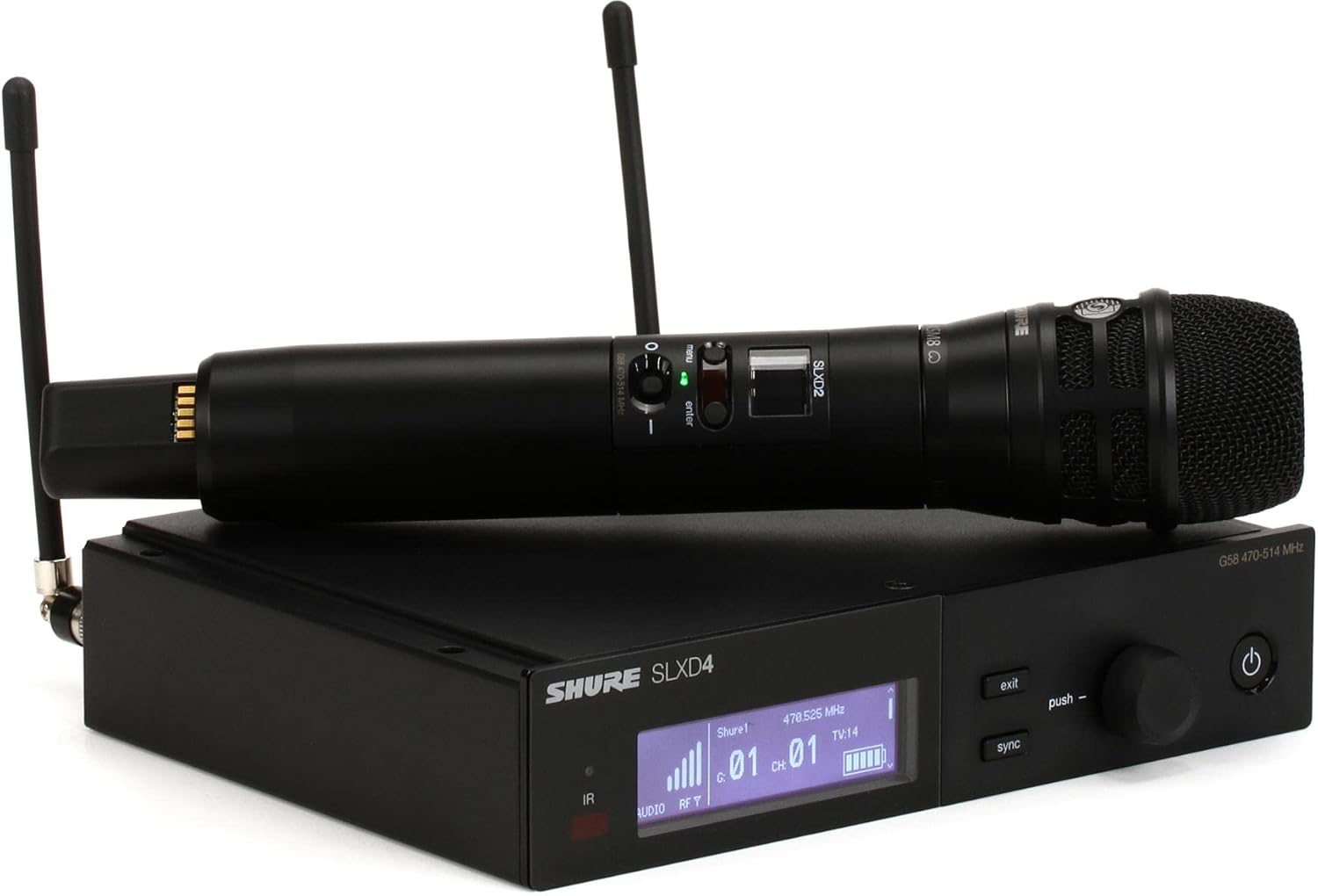 Shure SLXD24/K8B Digital Wireless Microphone System - Includes SLXD2 Handheld Transmitter with KSM8 Black Vocal Mic Capsule and SLXD4 Single Channel Rack Mount Receiver | G58 Band (SLXD24/K8B-G58)