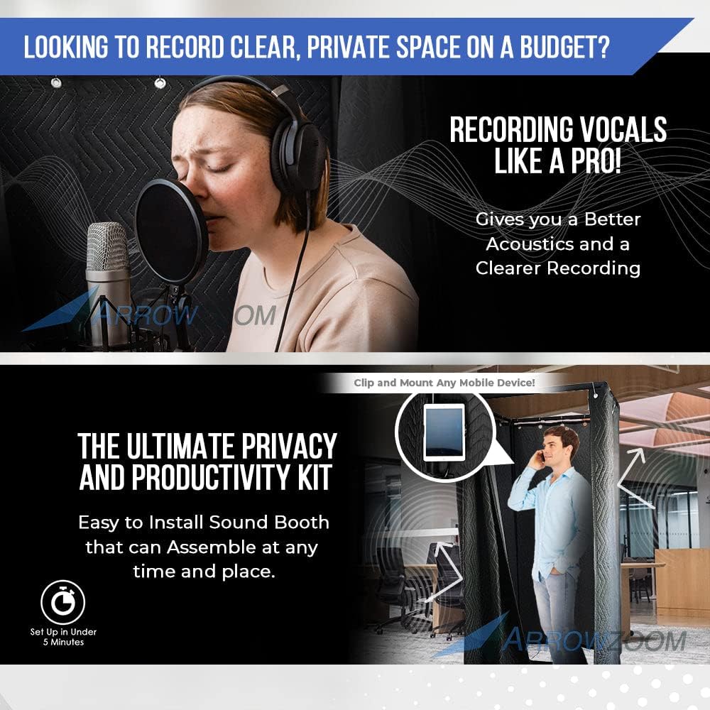 Arrowzoom 1 Sound Absorbing Studio Recording Isolation Booth Kit with 20pcs Flat Bevel Acoustic Foam Portable 360 deg Surround Music Insulator Podcast Noise Reduction Compact Soundproof Black AZ1250