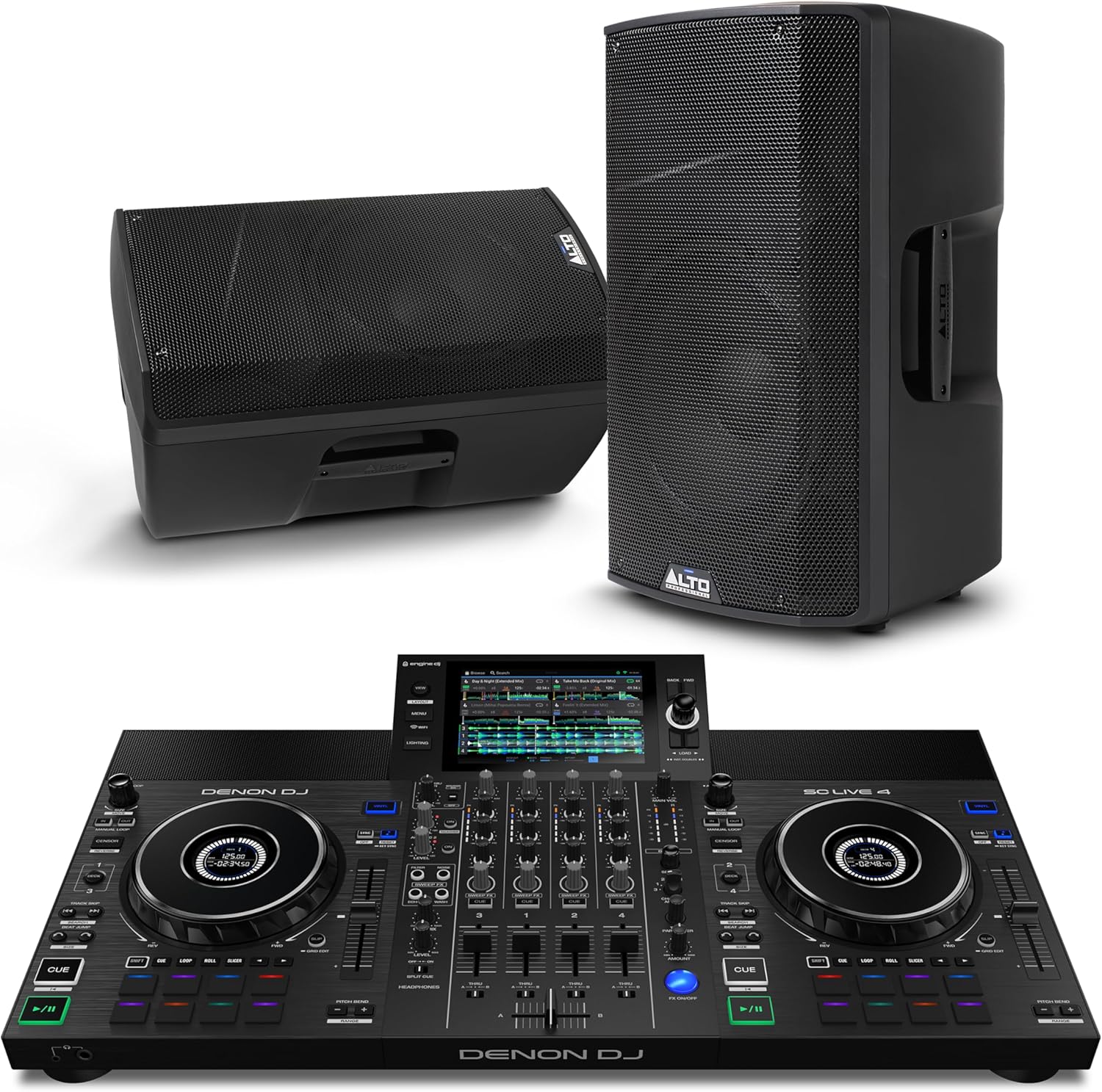 Denon DJ SC Live 4 DJ Controller and ALTO TX412B Powered PA Speakers Pair for Live Music, DJ sets, Events, Music production