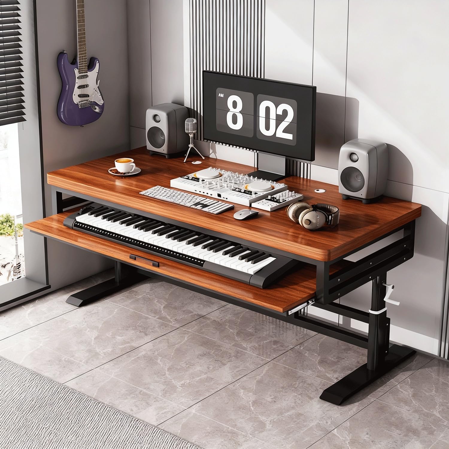 Music Studio Desk Workstation with Keyboard Tray, Office Computer Table with Organized Wiring/Keyboard Shelf Workbench Electronic Piano Midi Production Recording Studio(Walnut Wood+Black Shelf,62in)